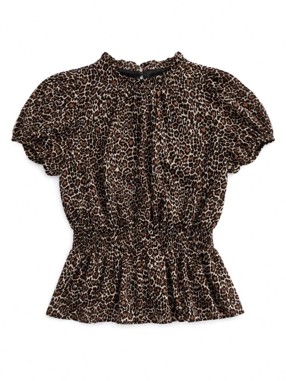 J.Crew Leopard Print Ruffle Neck Peplum Blouse Puff Sleeve Medium 6 8